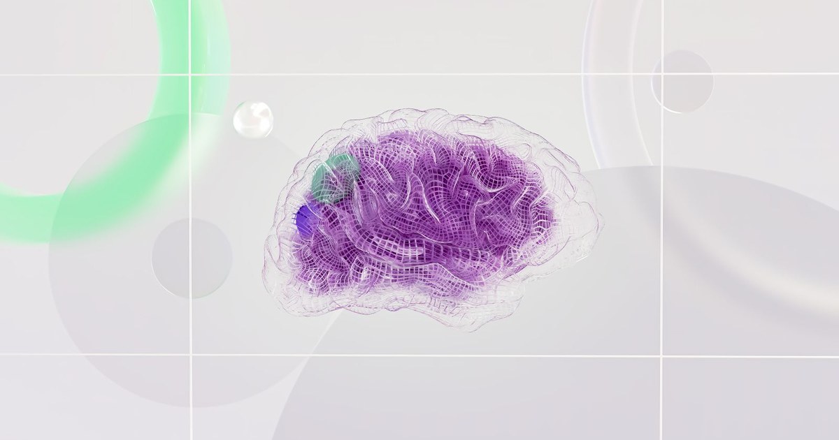 A translucent purple wireframe model of a human brain on a soft light background