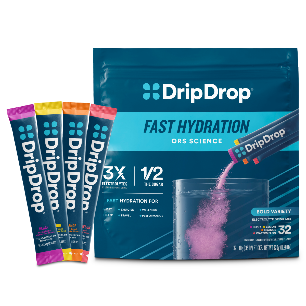 DripDrop Hydration variety pack of electrolyte sticks