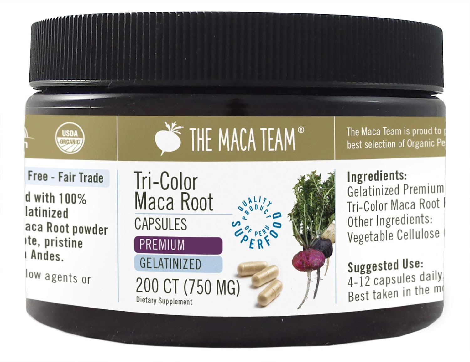 The Maca Team Gelatinized Organic Maca Root Capsules bottle