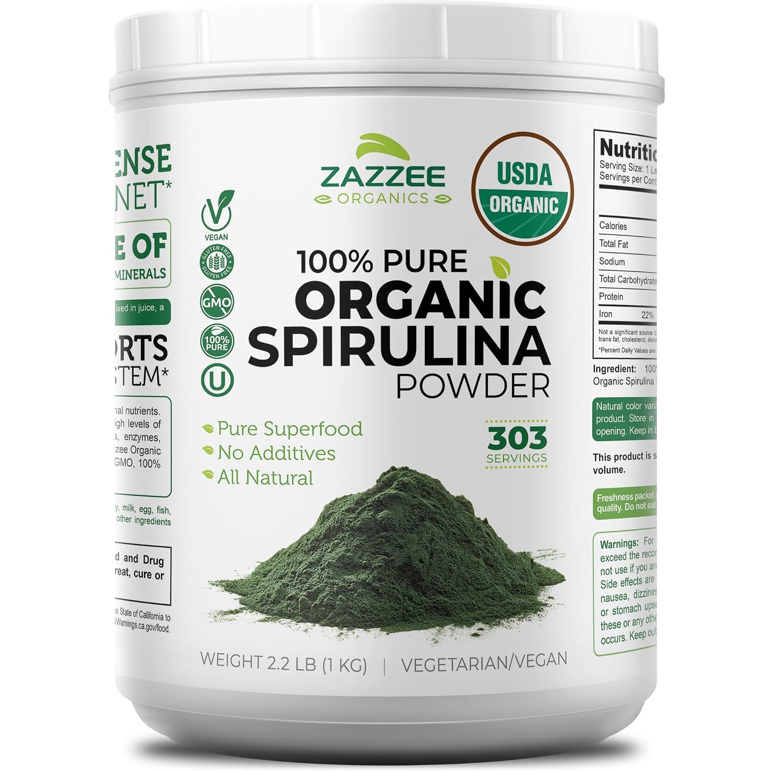 Zazzee USDA Organic Spirulina Powder container